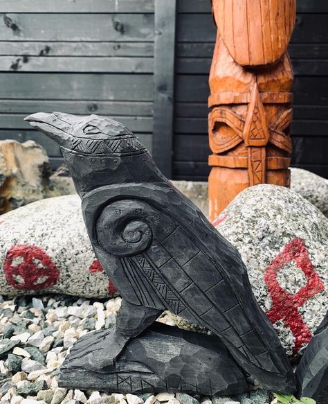 Raven Huginn one from Odin Raven , wood art hand made and painted black on his wings Vegvísir , posible to order without Carved Tree Trunks, Pokemon Wood Carving, Raven Wood Carving, Norse Wood Carving, Viking Sculpture, Raven Carving, Raven Statue, Viking Statue, Norse Raven