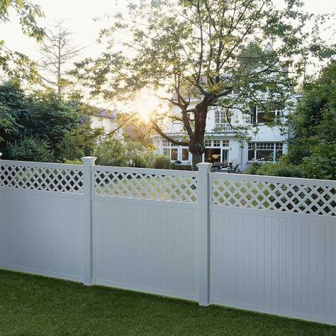 Outdoor Essentials PicketLock Olympia 6-ft H x 6-ft W Whtie Vinyl Lattice Top Fence Panel in the Vinyl Fence Panels department at Lowes.com Lattice Top Fence, Privacy Planting, Staining Wood Fence, Fence With Lattice Top, Vinyl Fence Panels, Lattice Screen, Privacy Fence Panels, Pool Fencing, Vinyl Fencing