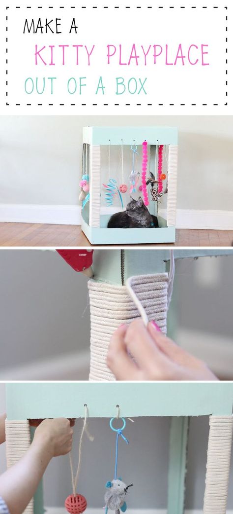 Your cat will LOVE this adorable DIY kitty playplace made out of a cardboard box! Diy Jouet Pour Chat, Diy Cat Tent, Katt Diy, Diy Chat, Kitty Play, Katt Grejer, Chat Diy, Play Place, Cat Tent