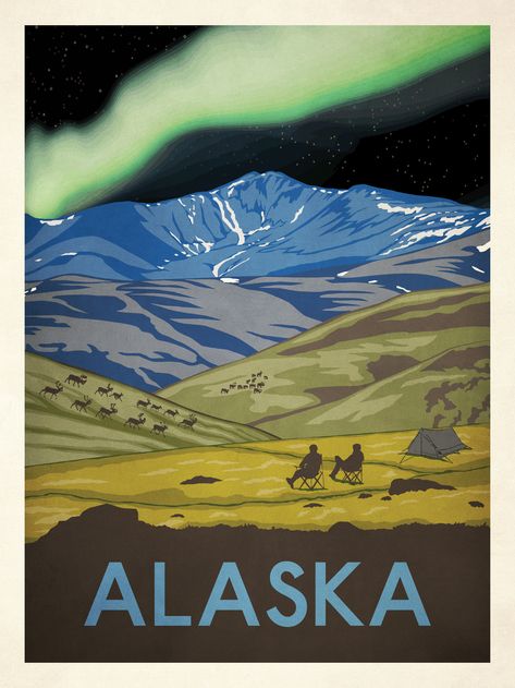 American Travel Posters, Aurora Borealis Alaska, Alaska Poster, Alaska Northern Lights, Dark Night Sky, Alaska Art, American States, Poster Graphics, State Posters