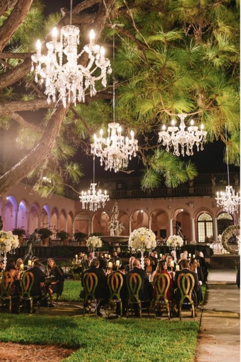 Chandelier In Trees Wedding, Chandelier Theme Wedding, Outdoor Wedding Chandelier Trees, Chandelier Tree Wedding, Chandeliers In Trees, Ringling Museum Wedding, Museum Courtyard, Star Themed Wedding, Gold Chairs