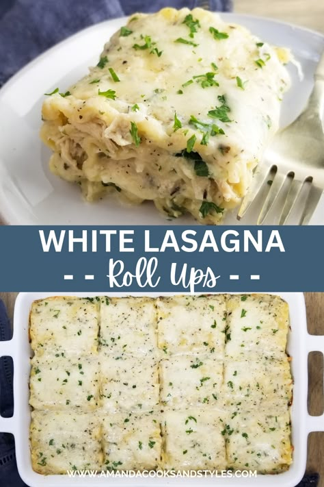 White Chicken Lasagna Rolls – Super delicious lasagna roll recipe made with shredded chicken, three cheeses and spinach in a creamy parmesan sauce. White Chicken Roll Ups, Rolled White Lasagna, Chicken Lasagna White Sauce, Pesto Chicken Lasagna Roll Ups, Chicken And Spinach Lasagna Roll Ups, White Chicken Lasagna Roll Ups, Rolled Lasagna Recipe, Spinach Artichoke Lasagna Roll Ups, Lasagne Rollups