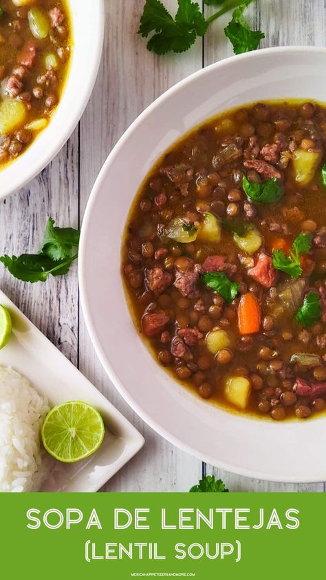 This Sopa de Lentejas is delicious, nourishing, versatile, budget-friendly and packed with tons of protein and flavor. Comfort in every bowl! #sopadelentejas #lentilsoup #puertoricanlentilsoup via @mexicanappetizersandmore Spanish Soup, Mexican Appetizers, Dried Lentils, Garlic Puree, Potato Skin, Seafood Soup, Andouille Sausage, Cuban Recipes, Rich In Protein