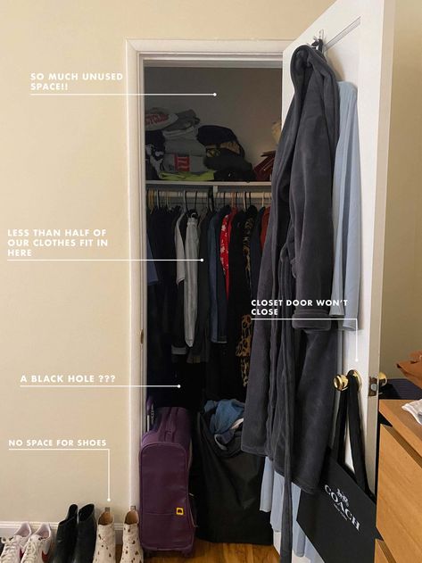 Two People, One Tiny Closet - A Small Space Storage Agony with 5 Problems & 5 Clever Solutions - Emily Henderson #home #beforeandafter #diy #style Maximize Closet Storage, Small Closet Two People, Tiny Apartment Clothing Storage, Clothing Storage Tiny House, Clothing Storage Small Closet, Tiny Closet For Two People, Studio Storage Solutions, Tiny Reach In Closet, Maximize Tiny Closet Space