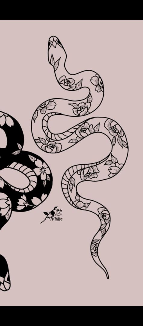 Snake With Butterflies Tattoo, Two Snakes Drawing, Snake Coiled Drawing, Ying Yang Snake Tattoo, Snake With Hearts Tattoo, Viper Tattoos For Women, Line Work Snake Tattoo, Snake Filler Tattoo, Snake Flower Drawing