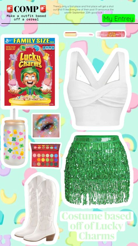 #preppy #costume #luckycharms #outfitinspo #halloween #comp #follow Heres my Entrey! Lucky Charms Costume Diy, Preppy Unique Halloween Costumes, Lucky Charm Halloween Costume, Lucky Charm Costume, Lucky Charms Halloween Costume, Halloween Costume Shuffles, Preppy Football Player Halloween Costume, Lucky Charms Costume, Preppy Costume