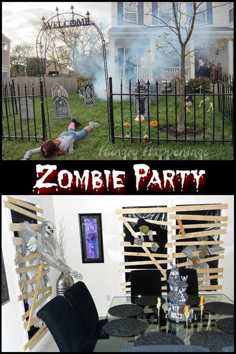 Apocalypse Halloween Decor, Zombie Apocalypse Halloween Party, Zombie Halloween Decorations Diy, Zombie Apocalypse Party Decorations, Apocalypse Party Ideas, Zombie Decorations Outdoor, Zombie Food Party Ideas, Zombie Halloween Party Decorations, Zombie Apocalypse Halloween Decorations