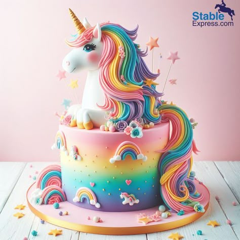 Rainbow Horse Cake, Unicorn Pinata Cake, Unicorn Rainbow Cake Birthday, Birthday Cake Unicorn Rainbow, Unicorn Academy Cake, Rainbow Unicorn Cake Birthday, Tort Unicorn, Unicorn Birthday Cake Ideas, Rainbow Unicorn Birthday Cake