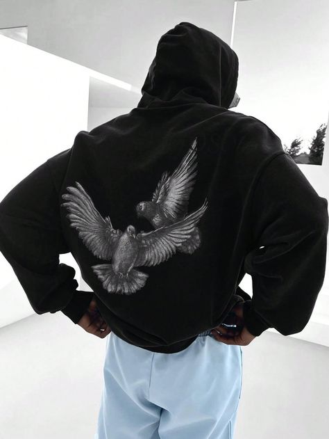 Black Casual Collar Long Sleeve Polyester Animal,Plain Pullovers Embellished Slight Stretch  Men Clothing Oversize Hoodie Men, Aesthetic Hoodies Men, Trendy Hoodies Men, Oversized Hoodie Men, Hoodie Outfit Men, Hoodies Aesthetic, Sleeve Placket, Oversize Sleeves, Streetwear Hoodie