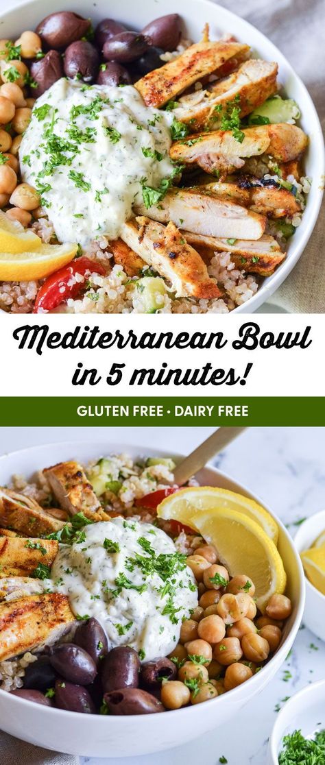 Recipe for Mediterranean Chicken paired with homemade gluten free Tabbouleh and Creamy Garlic Sauce make the perfect Mediterranean bowl. #mediterraneanbowl #mediterraneanfood #glutenfree #dairyfree #grainfree #paleo Gluten Free Dairy Free Mediterranean, Mediterranean Chicken Rice Bowl, Mediterranean Power Bowl Recipe, 5 Minute Mediterranean Bowl, Gf Mediterranean Recipes, Mediterranean Sauces Recipes, Mediterranean Diet Gluten Free Recipes, Paleo Mediterranean Recipes, Mediterranean Diet Bowls