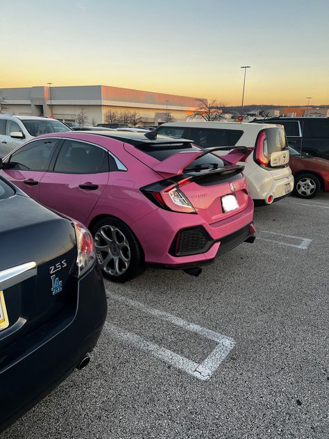 Honda Civic Decorations, Heart Wheels Car, Cute Honda Civic, Honda Civic Wrapped, Honda Fit Aesthetic, Hatchback Aesthetic, Honda Civic Mods, Pink Honda Accord, Modded Honda Civic