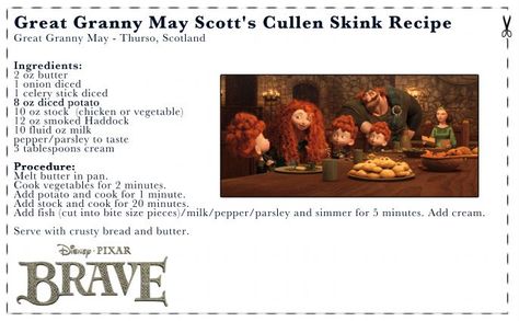 Disney Brave recipes for a Brave party Cullen Skink Recipe, Cullen Skink, Brave Movie, Braves Party, Disney Recipes, Scottish Recipes, Disney Brave, Smoked Chicken, Freezer Cooking