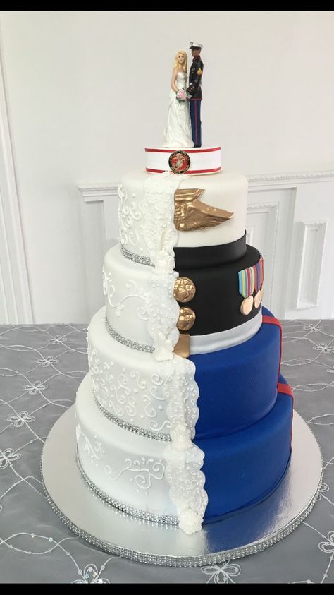 Marine Half Wedding Cake Two Sided Wedding Cake, Marine Corps Wedding Cake, Wedding Marine Theme, Marine Wedding Cake, Marines Wedding Ideas, Marine Theme Wedding, Us Navy Wedding Ideas, Marine Wedding Photos, Marine Corps Wedding Colors