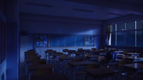 Classroom (Night) by iCephei Dark Classroom Aesthetic, Empty Classroom, Classroom Background, Anime Places, Night School, Anime Classroom, Scenery Background, School Night, Night Background