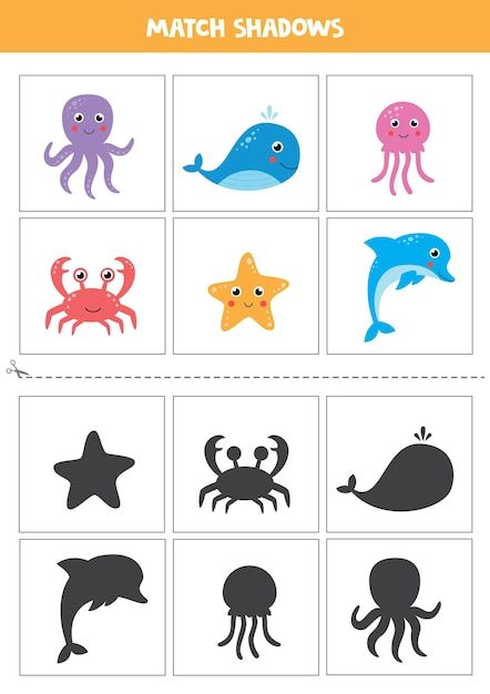 Matching Games For Kids, Ocean Animals Preschool, Cute Sea Animals, Ocean Theme Preschool, Shadow Matching, Animal Activities For Kids, Sea Activities, Animal Worksheets, Kids Worksheets Preschool