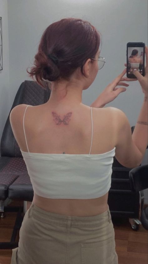 Fairy Wing Neck Tattoo, Small Neck Tattoos For Women Middle, Dainty Back Neck Tattoo, Fairy Wings Neck Tattoo, Wings On Neck Tattoo, Fairy Tattoo Back, Small Upper Back Tattoos For Women, Butterfly Wings Back Tattoo, Tattoo At The Back