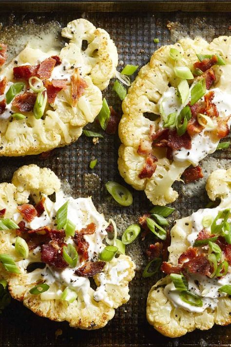 Crispy slices of roasted cauliflower topped with cheese, sour cream and bacon make a tasty low-carb alternative to classic loaded potato skins. #vegetables #eatmoreveg #vegetablerecipes #howtocookvegetables #vegetableideas #recipe #eatingwell #healthy Loaded Cauliflower Bites, Loaded Cauliflower, Carb Alternatives, Low Carb Meal, Loaded Potato, Cauliflower Bites, Potato Skins, Cauliflower Recipes, Veggie Dishes