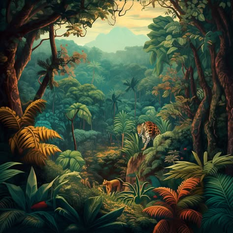 Jungle Painting Ideas, Jungle Illustration Background, Jungle Painting Acrylic, Jungle Art Tropical, Jungle With Animals, Jungle Camping, Henri Rousseau Paintings, Jungle Artwork, Tiger In The Jungle