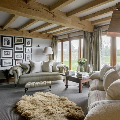 Looking for living room decorating ideas? Then check out this striking barn conversion Converted Barn Homes, Barn House Conversion, Barn Conversion Interiors, Oak Frame House, Barn Interior, French Country Living Room, Country Cottage Decor, Cosy Living, Cottage Living Rooms