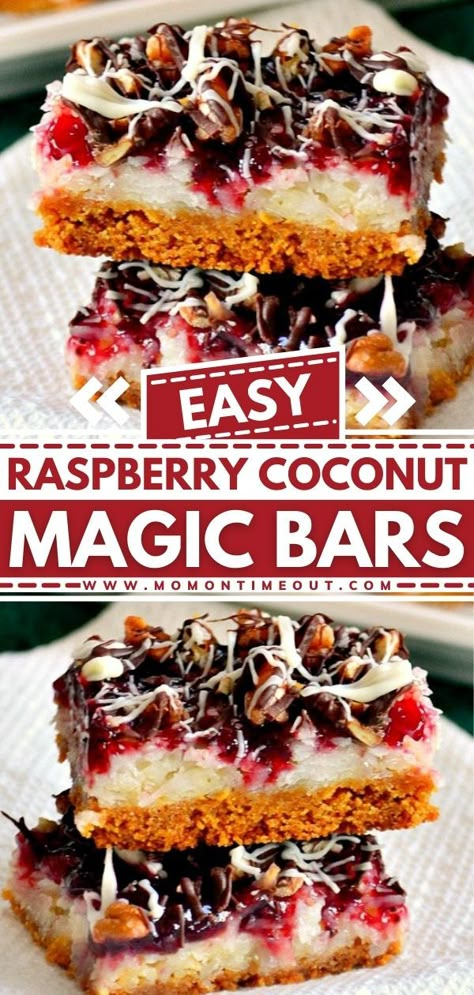 Raspberry Coconut Magic Bars Layered Bars With Coconut, Raspberry Magic Bars, Easter Magic Bars, Raspberry Magic Cookie Bars, Spring Desserts Ideas, Easter Coconut Desserts, Dessert Easter Recipes, Valentine Bars Desserts, Cherry Coconut Magic Bars