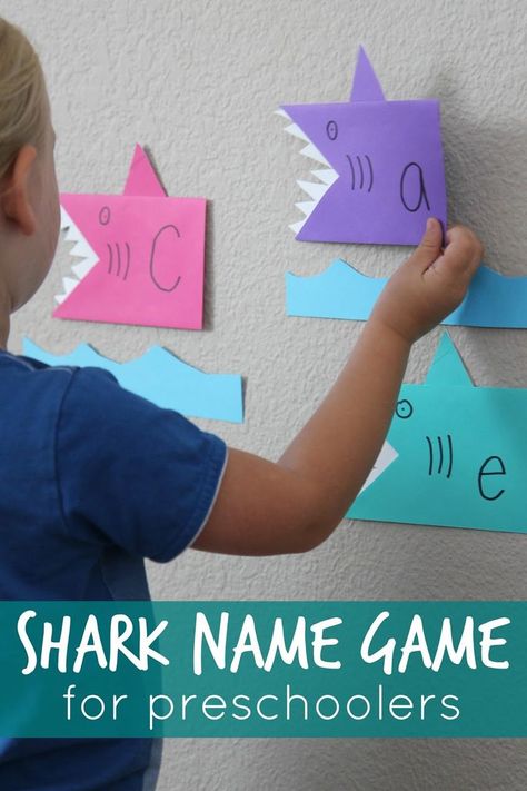 Shark Name Game for Preschoolers. Creative way to help kids learn how to spell their name. Literacy Luau, Feed The Shark, Game For Preschoolers, Preschool Ocean, Shark Names, Shark Activities, Playful Learning, Name Game, Ocean Activities