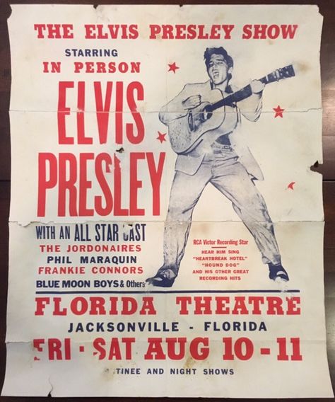 Elvis Presley Original 1956 Jacksonville Florida Concert Poster. Measures 20 1/4 x 25 inches. Elvis Presley Posters, Elvis Presley Concerts, Music Concert Posters, Vintage Concert Posters, Heartbreak Hotel, Old Music, Concert Poster, Rock Posters, Jacksonville Florida