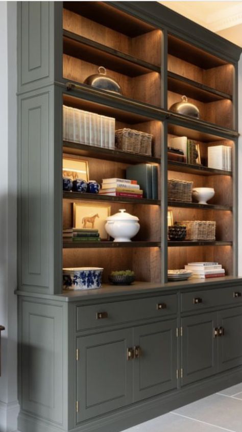 Free Standing Built Ins, Built In Bookshelves Accent Color, Built In Shelf Colors, Built In Bookcase With Cabinets, Painted And Stained Bookcase, Dining Room With Bookshelf, Two Toned Bookshelf, 2 Tone Built In Bookshelves, China Cabinet Turned Bookcase