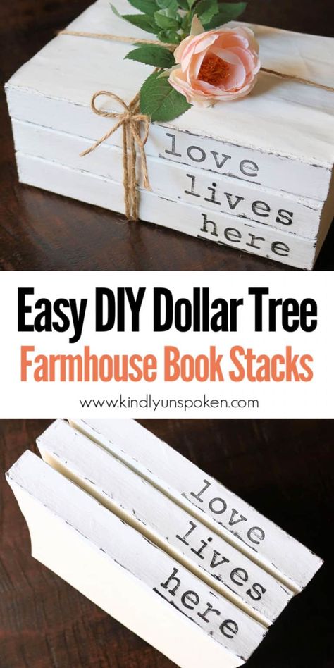 Diy Book Decor, Dollar Tree Farmhouse, Diy Old Books, Diy Farmhouse Ideas, Wood Books, Stamped Books, Old Book Crafts, Farmhouse Books, Stacked Books