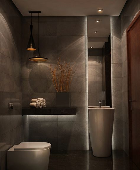 Toilet Lighting Ideas, Wc Lighting, Toilet Lighting, Contemporary Kitchen Inspiration, Bathroom Lighting Design, Toilette Design, Bilik Air, Restroom Design, Contemporary Villa