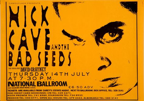 Nick Cave and the Bad Seeds gig flyer 1988. Cave Town Poster, Cave Logo, Nick Cave Illustration, Pj Harvey Nick Cave, Nick Cave And The Bad Seeds Poster, Nick Cave Portrait, Open All Hours, The Bad Seed, Nick Cave