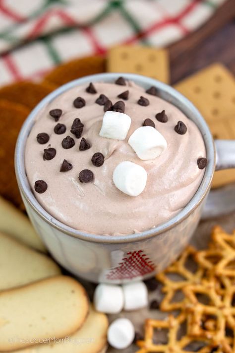 This 3-ingredient hot chocolate dip is light and fluffy and packed white chocolate and marshmallow flavor, just like a cup of cocoa! Desserts With Hot Chocolate Powder, Hot Chocolate Dip With Cream Cheese, Marshmallow Chocolate Dip, Hot Chocolate Cool Whip Dip, Marshmallow Fluff Dip, Hot Cocoa Dip With Marshmallow Fluff, Hot Chocolate Dip Recipe, Chocolate Cheesecake Dip, Hot Chocolate Cheesecake