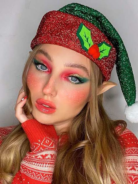 Christmas elf makeup looks Diy Elf Makeup, Cute Elf Hairstyles, Xmas Elf Makeup, Santa Elf Makeup, Elf Costume Ideas Women, Christmas Elf Makeup Simple, Christmas Fairy Makeup, Elf Make Up Ideas, Fun Christmas Makeup Looks