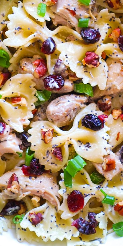 Chicken Pasta Salad with Pecans, Cranberries, Green Onions, and Creamy Poppy Seed Dressing - close-up photo. Pasta Salads For Thanksgiving Dinner, Thanksgiving Pasta Salad, Turkey Pasta Salad, Thanksgiving Pasta, Salad With Pecans, Pasta Salad With Spinach, Feta Salad Recipe, Creamy Salad Dressing, Turkey Salad