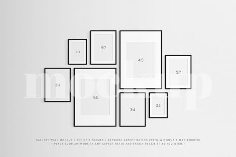 Gallery Wall Frame Mockup | Set of 8 by DESIGN BY nube on @creativemarket Photo Frame Arrangement On Wall, Picture Wall Layout, Photo Gallery Wall Layout, Picture Frame Layout, Gallery Wall Template, Minimalist Gallery Wall, Gallery Wall Mockup, Frame Layout, Picture Gallery Wall