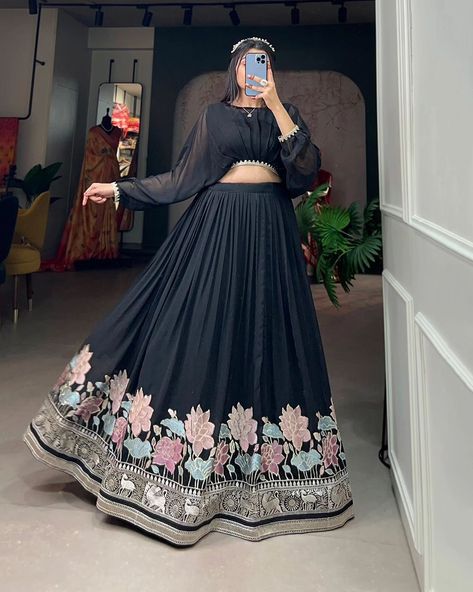 Price : 1800rs 🌷Co-ord set A touch of embroidery, a dash of grace – our co-ord set epitomizes the essence of timeless elegance🖤🌱 - Lehenga(Stitched) : Lehenga Fabric : Georgette Lehenga Work : Sequins and Thread Embroidery Work Lehenga Waist : Support Up To 42 Lehenga Closer : Drawstring With Zip Stitching : Stitched With Canvas And Can Can Length : 41 Flair : 3.50 Mtr Inner : Micro Cotton - Top (Stitched) : Top Fabric : Georgette Top Work : Plain With Lace Border Top Size : Fully Sti... Simple Lehenga Design, Co Order Sets For Women, Long Dresses Indian Style, Lehenga Tops, Lehenga Stitched, Zip Stitching, Lehenga Top, Crop Top Lehenga, Long Frock Designs