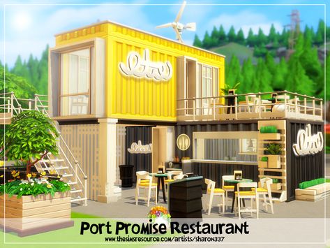 sharon337's Port Promise Restaurant - Nocc Sims 4 Cute Restaurant, Restaurant The Sims 4, Ts4 Restaurant Build, Sims 4 Restaurant Build, Sims 4 Dine Out Restaurant, Sims 4 Restaurant, Living Room Sims 4, Restaurant Exterior, The Sims 4 Lots