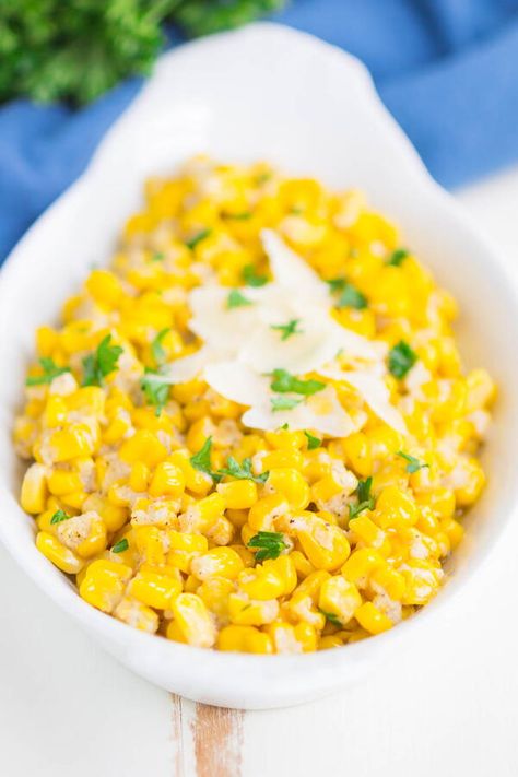 Garlic Parmesan Corn is an easy side dish that’s loaded with flavor. With just a handful of ingredients, this simple veggie is ready in just 10 minutes! In just 10 minutes, you’ll have tender corn, coated with a decadent garlic parmesan sauce that’s perfect for just about any meal. 
 The best part about this easy corn recipe is that you can use fresh, frozen, or canned corn. Whatever you have on-hand will work well, and you can easily double to recipe to feed a crowd. Garlic Parmesan Corn, Parmesan Corn, Easy Corn Recipes, Canned Corn Recipes, Make Garlic Butter, Skillet Corn, Corn Side Dish, Easy Corn, Garlic Parmesan Sauce