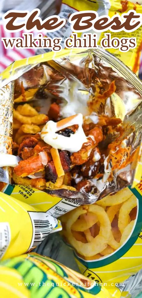 Chili Cheese Dog Wraps, Walking Chili Fritos, Walking Snacks In A Bag, Walking Chili Cheese Dog, Chili Dog Toppings, Walking Taco Ideas, Walking Meals, Walking Desserts, Walking Meals In A Bag