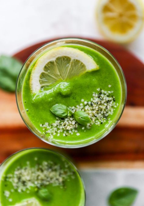 Morning Green Smoothie, Basil Smoothie, Lemon Smoothie, Yummy Green Smoothie, Basil Leaf, Healthy Green Smoothies, Lemon Basil, Green Drinks, Frozen Pineapple