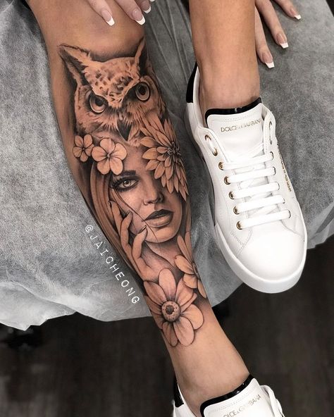 Womens Shin Tattoo, Women Leg Tattoo Ideas, Whimsy Tattoo, Owl Thigh Tattoos, Rip Tattoos For Mom, Classy Tattoos For Women, Owl Wisdom, Shin Tattoo, Hip Thigh Tattoos