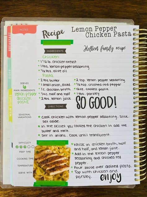 Latin Rice, Lemon Pepper Chicken Pasta, Recipe Journaling, Cookbook Scrapbook, Sloppy Seconds, Scrapbook Recipe Book, Homemade Recipe Books, Recipes With Chicken And Peppers, Produce Recipes