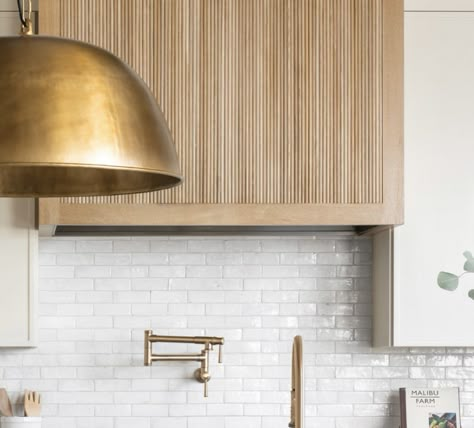 Fluted Hood Vent, Unique Range Hood, Cerused Oak Kitchen, Wood Kitchen Hood, Wood Vent Hood, Neutral Kitchens, Kitchen Hood Ideas, Range Cover, Basement Suite