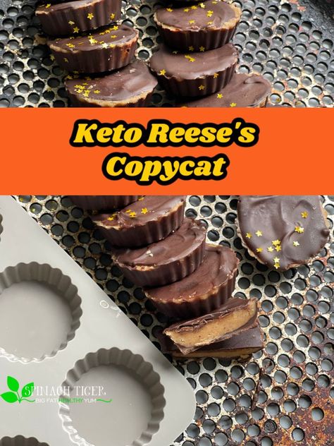 Copycat Reeses Peanut butter cups (KETO FRIENDLY) made with Swerve, Choc Zero Chocolate Chips and sugar free peanut butter. You cannot tell the difference. #ketopeanutbuttercups #Reese's #ketocandy #spinachtiger Keto Pb Cups, Keto Reeses Peanut Butter Cups, Choc Zero, Keto Peanut Butter Cups, Sugar Free Peanut Butter, Reese's Peanut Butter Cups, Keto Candy, Fat Bomb, Sugar Free Chocolate Chips