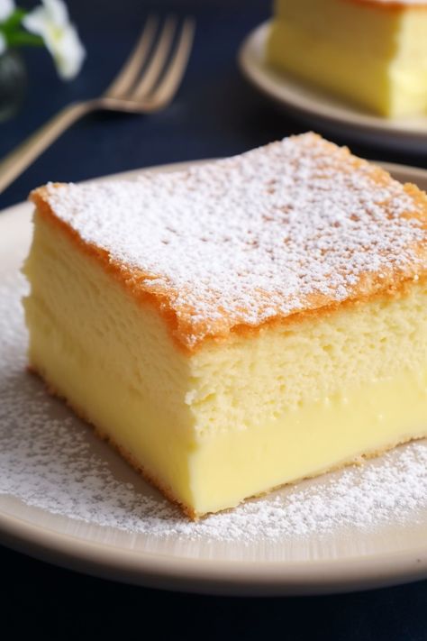 Custard Gateau, Cake With Custard Sauce, Vanilla Magic Custard Cake, Vanilla Custard Cake, Cake Blender, Christian Food, Custard Pies, Apple Cake Recipe Easy, Magic Custard Cake