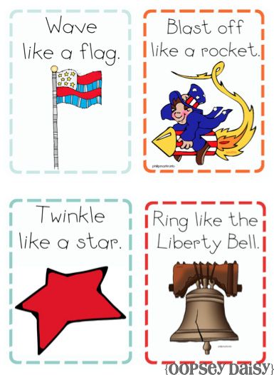 Patriotic Action Cards   Our K does a Patriotic Symbols Unit - Perfect! America Theme, Primary Chorister, Kindergarten Social Studies, Primary Singing Time, Yankee Doodle, Summer Preschool, Action Cards, Gross Motor Activities, Pregnancy Diet