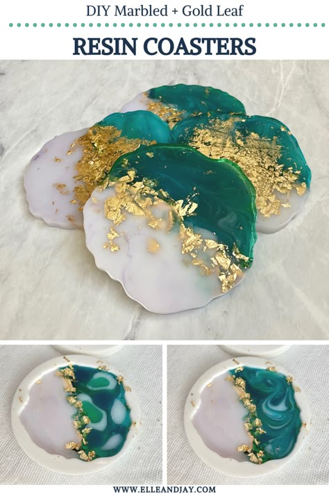 Learn how to make DIY resin coasters with gold leaf! This is a beginner level epoxy resin craft using geode resin molds to make unique DIY coasters. This tutorial lists all the supplies and instructions for completing a set of 4 DIY marbled resin coasters. DIY coasters are the perfect adult craft idea and everyone can make unique coasters with a few supplies. #DIYcoasters #resincrafts Diy Marble Coasters, How To Make Geode Resin Coasters, Creative Epoxy Ideas, How To Resin Coasters, Cute Resin Coasters, Marble Resin Coasters, How To Make Epoxy Coasters, Epoxy Smola Ideas, Resin Geode Coasters Tutorial