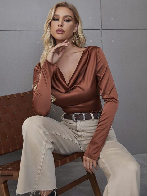 Drape Neck Split Sleeve Crop Satin Top | SHEIN USA Copper Blouse Outfit, Satin Outfit Ideas, Red Satin Top, Satin Outfit, Satin Design, Office Wardrobe, Tank Outfit, Split Sleeve, Top Shein