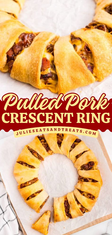 If you have leftover pulled pork make an easy Pulled Pork Crescent Ring for dinner tonight. It’s so quick and easy to make, plus delicious. A combination of pulled pork, BBQ sauce, cheese and bacon wrapped in a flaky crescent roll. Pulled Pork Crescent Ring, Pulled Pork Crescent Rolls, Pulled Pork Crescent Roll Recipes, Pulled Pork Ring, Pulled Pork Pastry Puffs, Dinners With Pulled Pork, Bbq Crescent Rolls, Pulled Pork Ideas Dinners, Things To Make With Pulled Pork