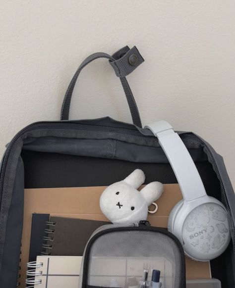 follow for follow Minimalist School Supplies Aesthetic, Minimalist School Bag, Minimalist Things Aesthetic, Minimalistic School Supplies, Gray Backpack Aesthetic, Cute School Handbags, School Lifestyle Aesthetic, School Clothes Aesthetic, Muji School Supplies