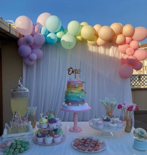 Pastel Colors For Birthday Party, Candies Theme Birthday Parties, Simple Candy Theme Birthday Party, Pastel Color 1st Birthday Party, Rainbow Pastel Themed Birthday Party, Pastel Color Birthday Party Decorations, Birthday Decoration Pastel Colors, Simple Pastel Birthday Decorations, Two Sweet Pastel Party